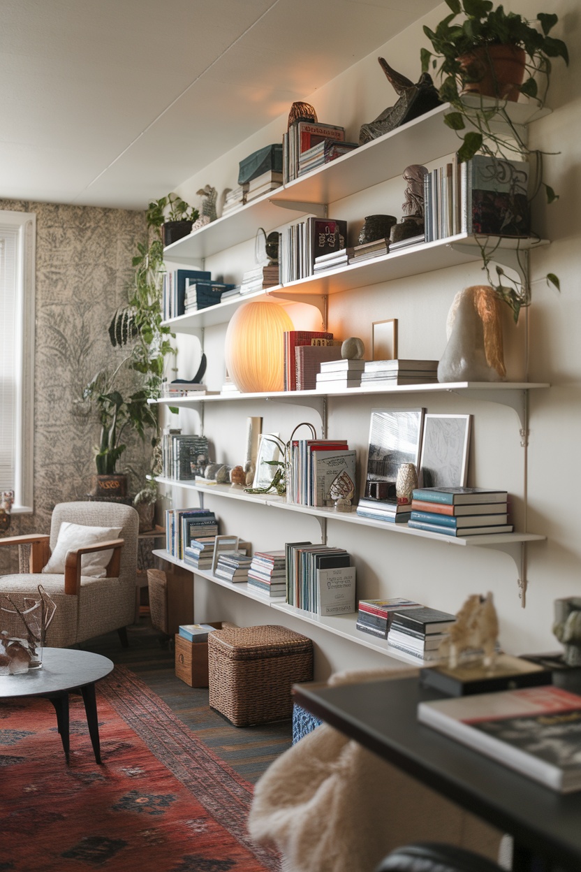 Living room with floating shelves displaying books and decorative items.