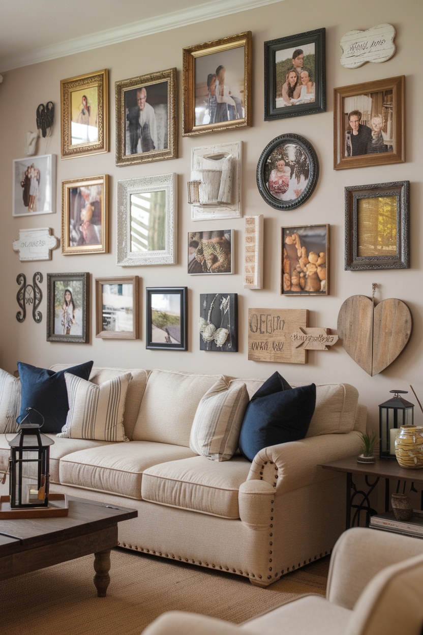 A gallery wall filled with family photos and decorative frames above a cozy sofa.