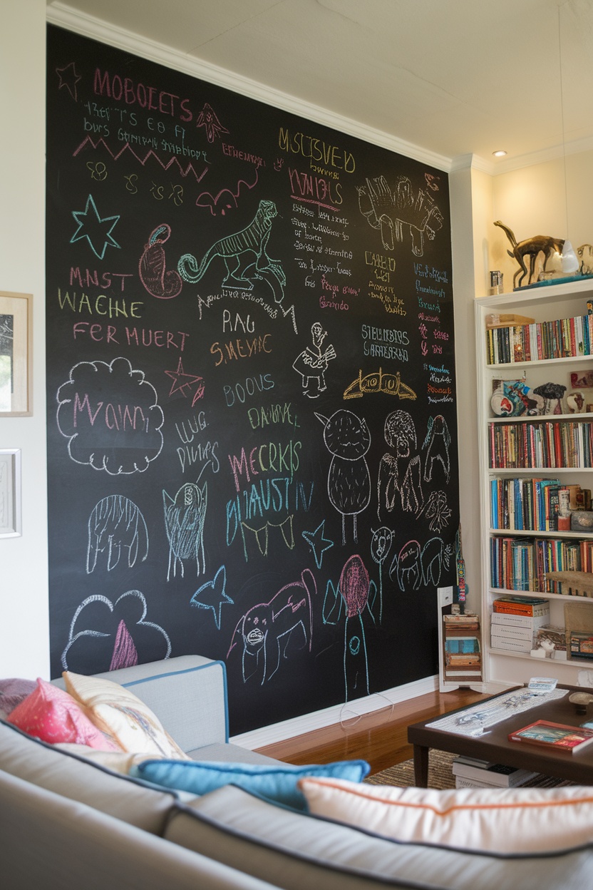 A living room featuring an interactive chalkboard wall filled with colorful drawings and writings.