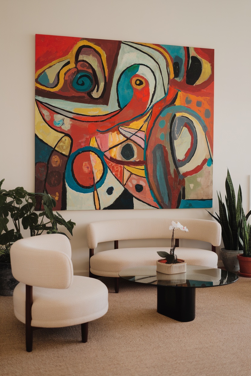 A vibrant large abstract art piece hanging on a living room wall, complementing modern furniture.