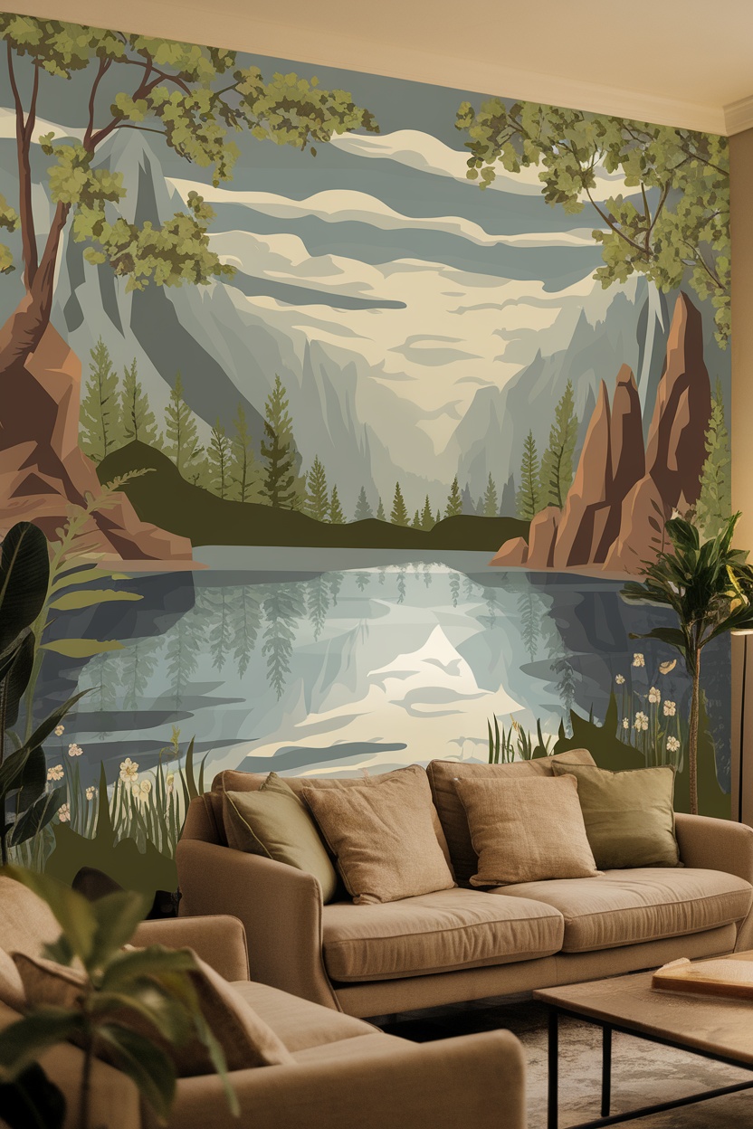 A living room with a nature-inspired wall mural featuring mountains and a lake, complemented by cozy furniture.