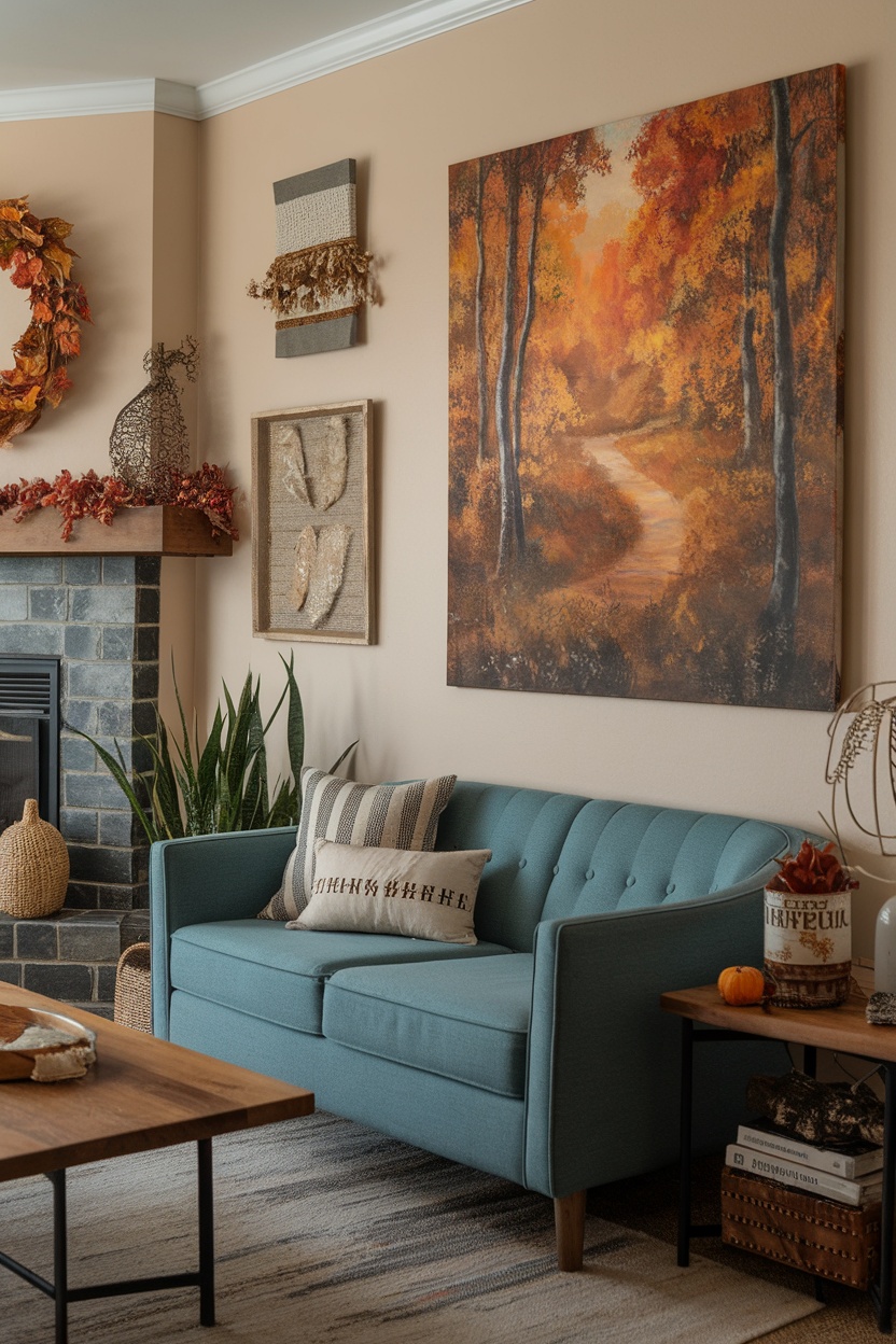 A cozy living room featuring seasonal wall art, including a fall-themed painting and decorative accents.