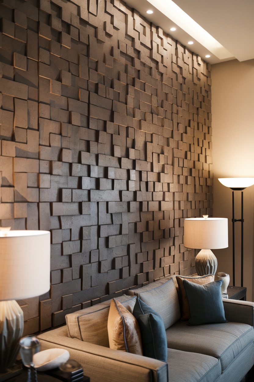 Living room with textured wall panels and modern decor