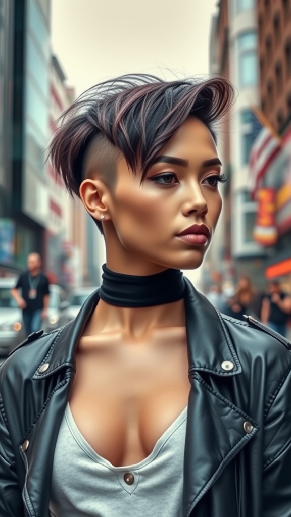 A stylish woman with an asymmetrical undercut bob hairstyle, wearing a leather jacket and a choker, standing in an urban setting.