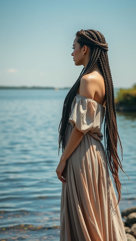 A woman with goddess braids standing by the water, looking elegant.