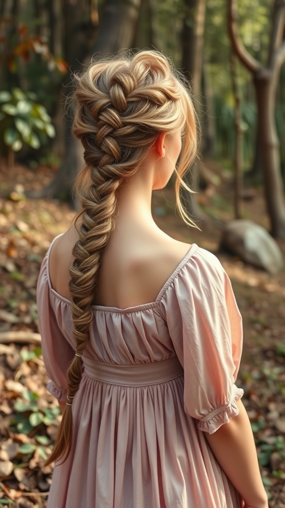 A woman with a stylish Bohemian fishtail braid, wearing a pink dress, standing in a forest.