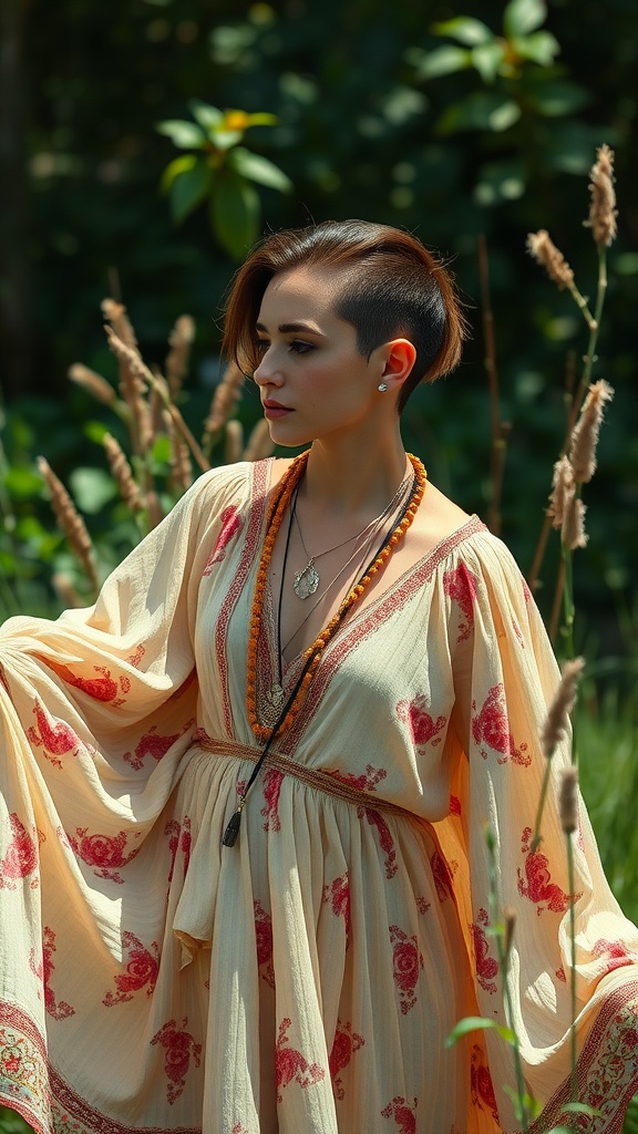 Woman in a bohemian outfit showcasing a stylish undercut bob hairstyle.