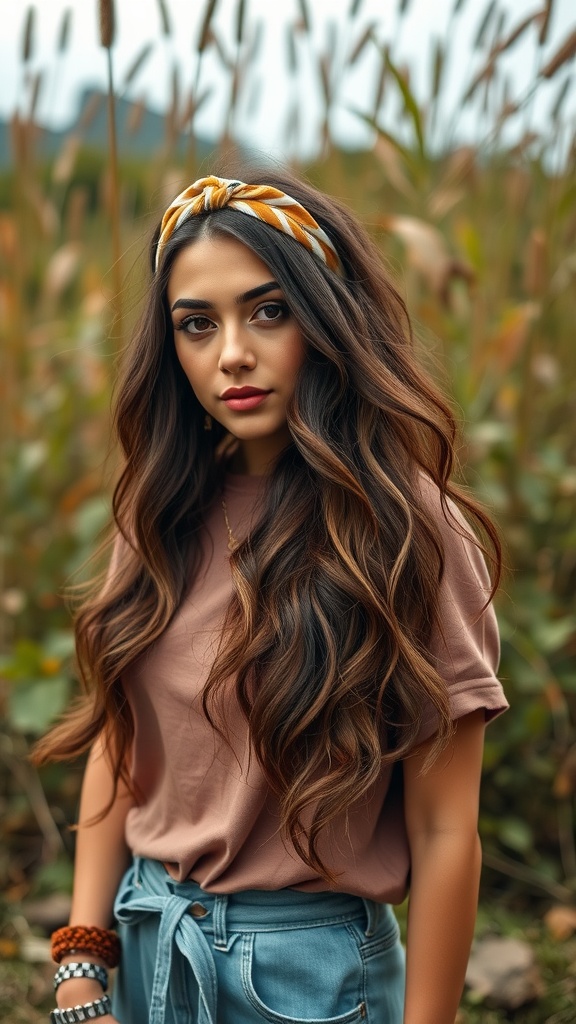 A girl with long wavy hair styled in bohemian waves, wearing a colorful headband and casual clothing.