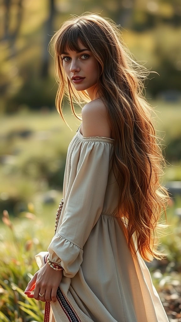 A woman with long hair styled in soft waves and bangs, wearing a flowy off-shoulder dress.