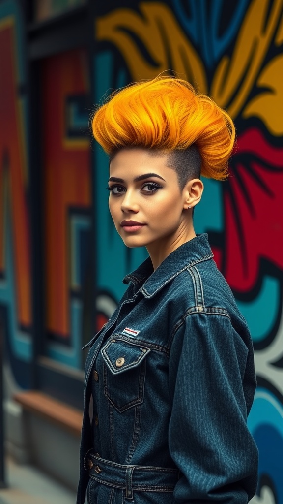 A woman with a bold orange blowout hairstyle, wearing a denim jacket, stands in front of a colorful mural.