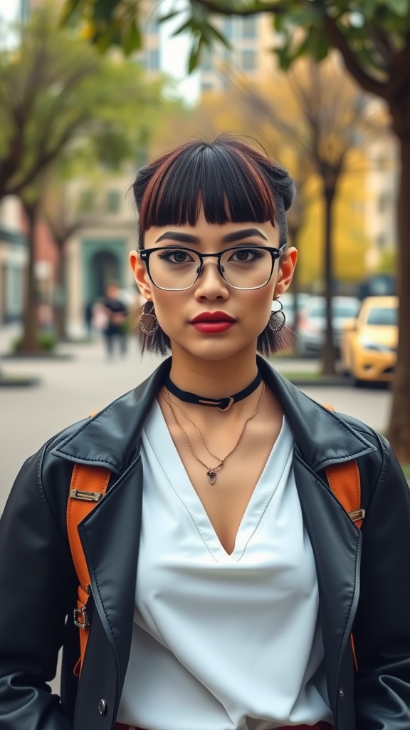 A girl with a stylish undercut bob and bold bangs, wearing a black leather jacket and white top.