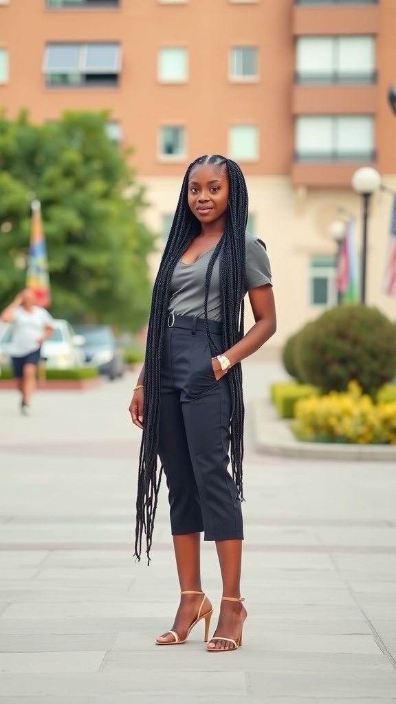 A woman wearing long box braids and stylish attire, standing confidently outdoors.