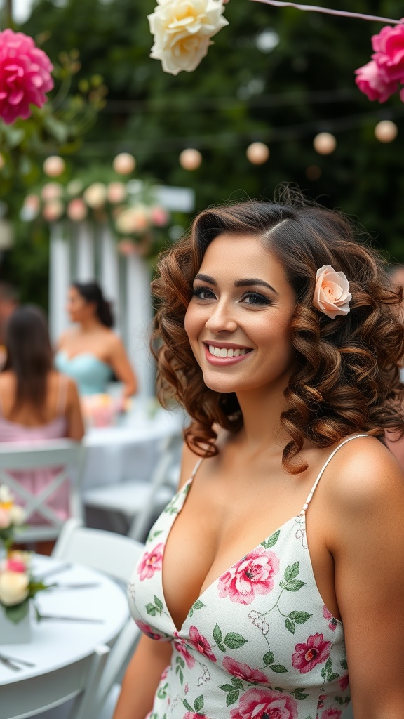 A woman with bouncy curls smiling at an outdoor event, featuring floral decorations.