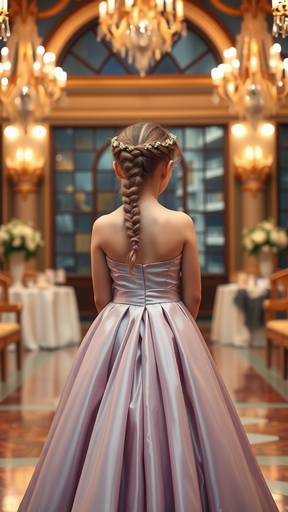 A girl wearing a lavender dress with a braided crown hairstyle, standing in an elegant setting.