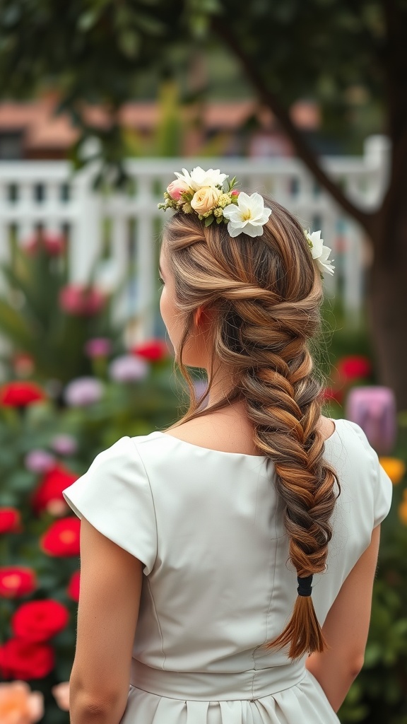 A woman with a braided crown hairstyle adorned with flowers, standing in a vibrant garden.