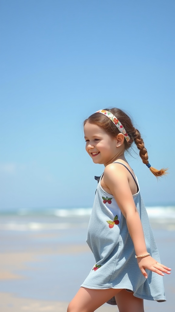 A girl with a braided headband smiling by the beach.