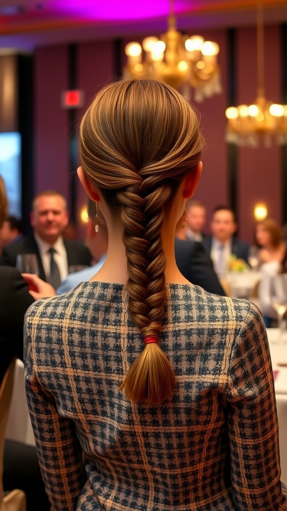 A woman with a stylish braided low bun hairstyle, wearing a checkered dress in a formal setting.