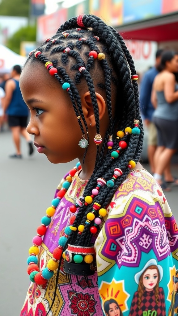 A girl with stylish braids adorned with colorful beads, showcasing a lively and unique hairstyle.