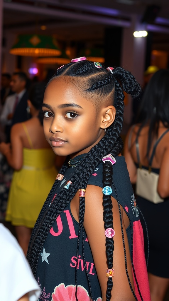 A girl with stylish braids adorned with colorful hair accessories.