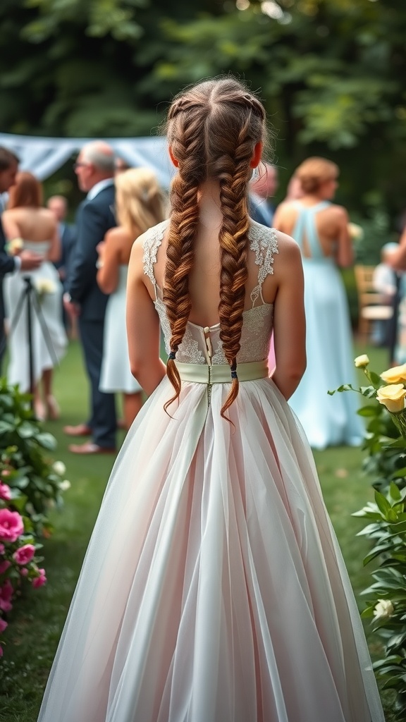 A girl wearing cascading braids and a formal dress, standing in a garden.