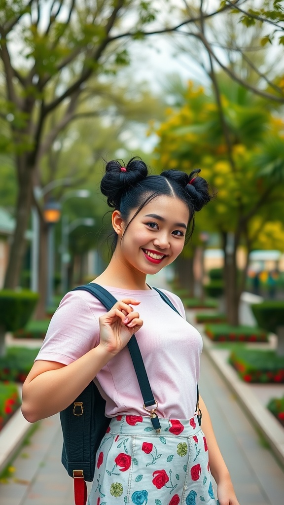 A girl with space buns hairstyle, wearing a pink shirt and floral shorts, smiling in a park