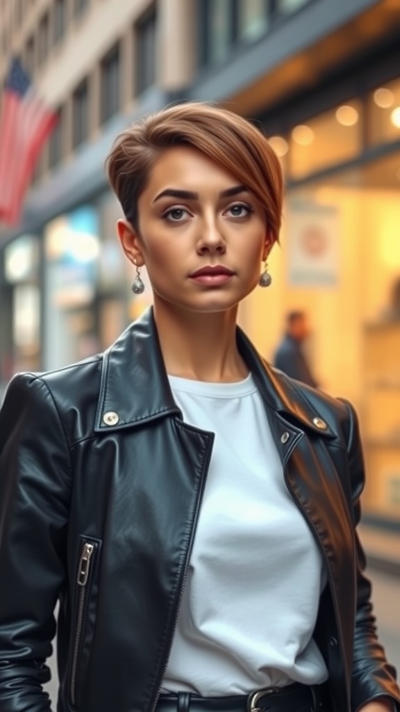 A woman with an asymmetrical undercut bob hairstyle, wearing a black leather jacket and a white shirt.