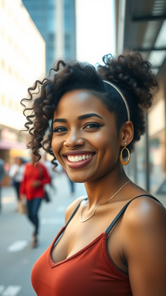 A woman with chic natural curls smiling confidently in an urban setting.