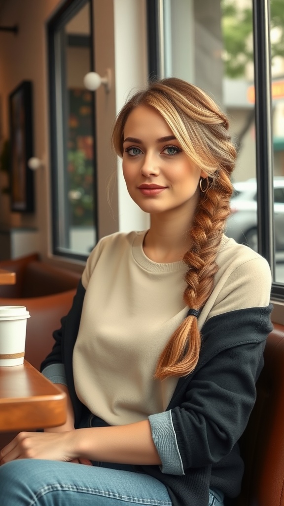 A woman with long hair styled in a chic side braid, wearing a full outfit and sitting in a cafe.