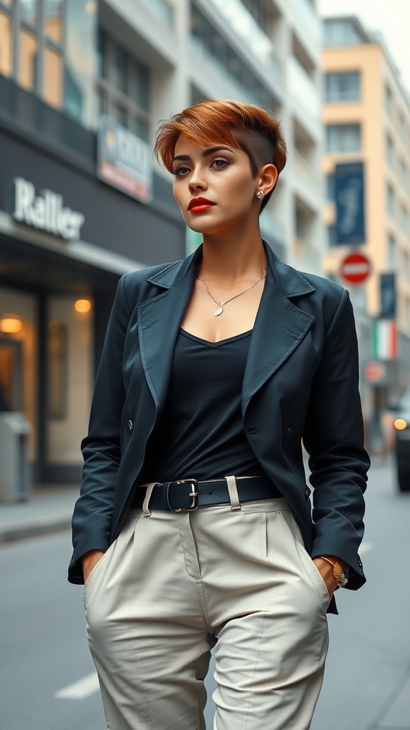 Chic woman in an undercut bob hairstyle wearing a stylish outfit