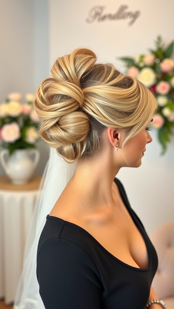 Chic updo hairstyle with blowout base, featuring elegant twists and soft waves.