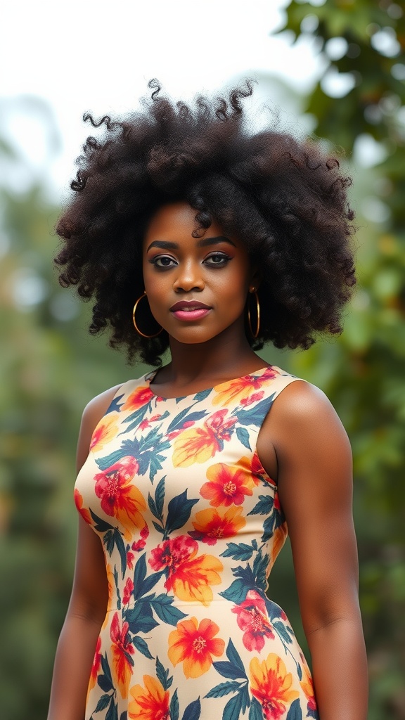 A woman with a voluminous afro hairstyle wearing a floral dress.