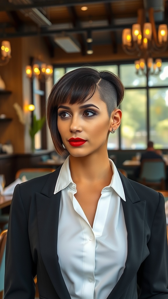 A woman with a classic bob hairstyle featuring an undercut, dressed in a suit with a white shirt.