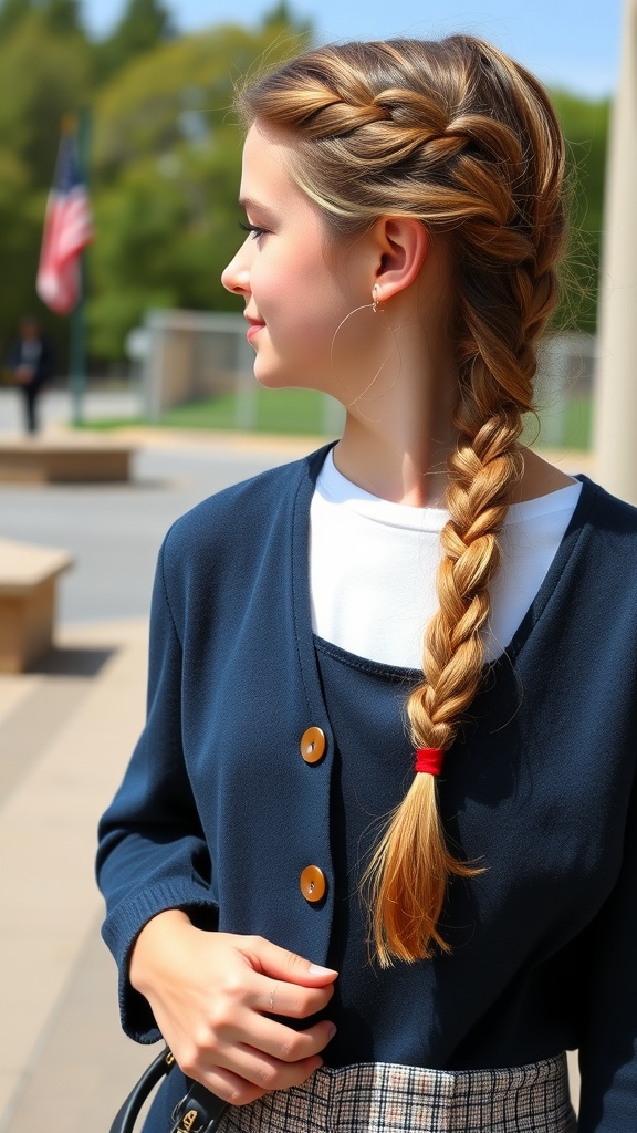 A girl with a classic French braid hairstyle, wearing a navy cardigan.