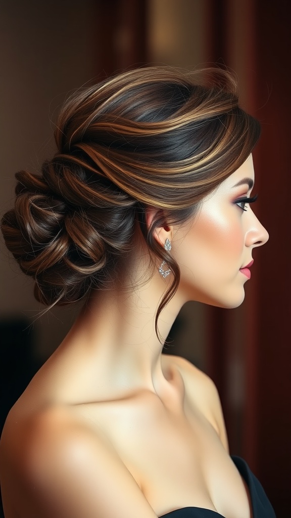 A woman with a classic loose updo hairstyle, featuring soft waves framing her face and elegant earrings.