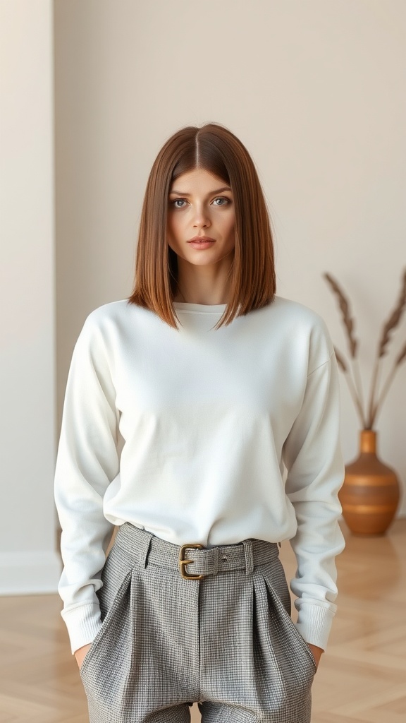 A woman with straight hair parted in the middle, wearing a white top and checkered pants, standing in a minimalistic room.