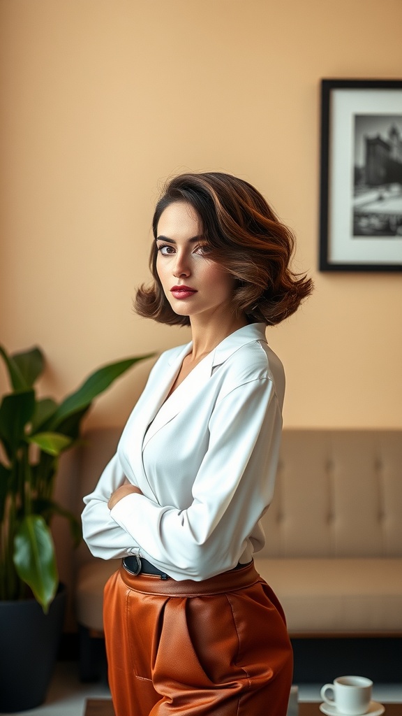 A woman with voluminous blowout hairstyle, wearing a white blouse and brown pants, standing in a stylish room with plants and a coffee cup.