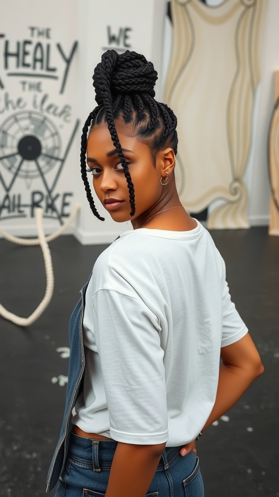 A woman with stylish twisted hair in a bun, wearing a casual outfit.