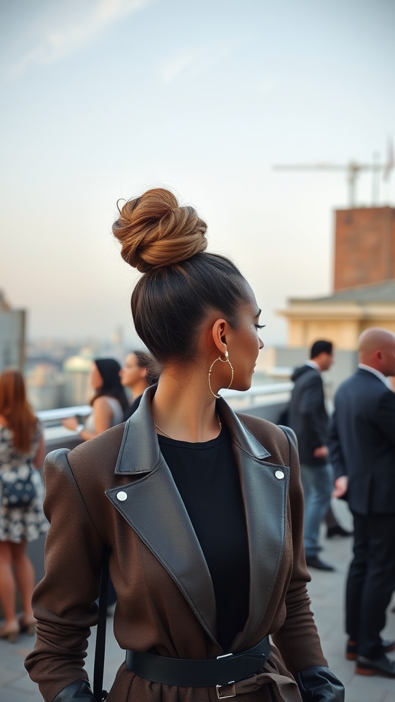 A woman with a curly high bun, wearing a stylish outfit and bold earrings, standing outdoors.