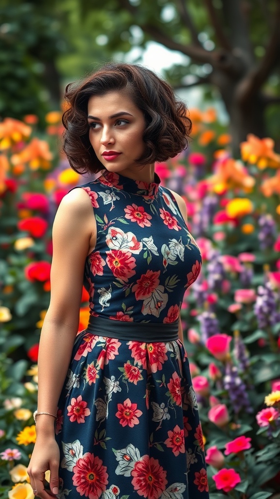 A girl with a curly undercut bob hairstyle, wearing a floral dress, surrounded by colorful flowers in a garden.