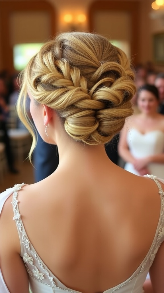 A woman with a double braided updo hairstyle, showcasing wavy hair in an elegant setting.