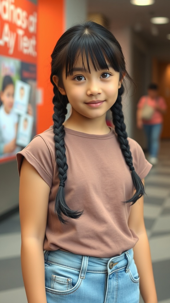 A girl with double braids and bangs, wearing a brown t-shirt and blue jeans, smiling at the camera.