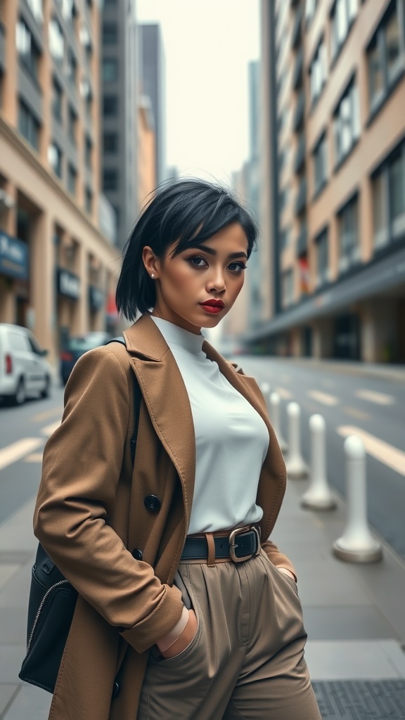 A stylish woman with a dramatic side part hairstyle, wearing a brown coat and beige pants, standing confidently in a city setting.