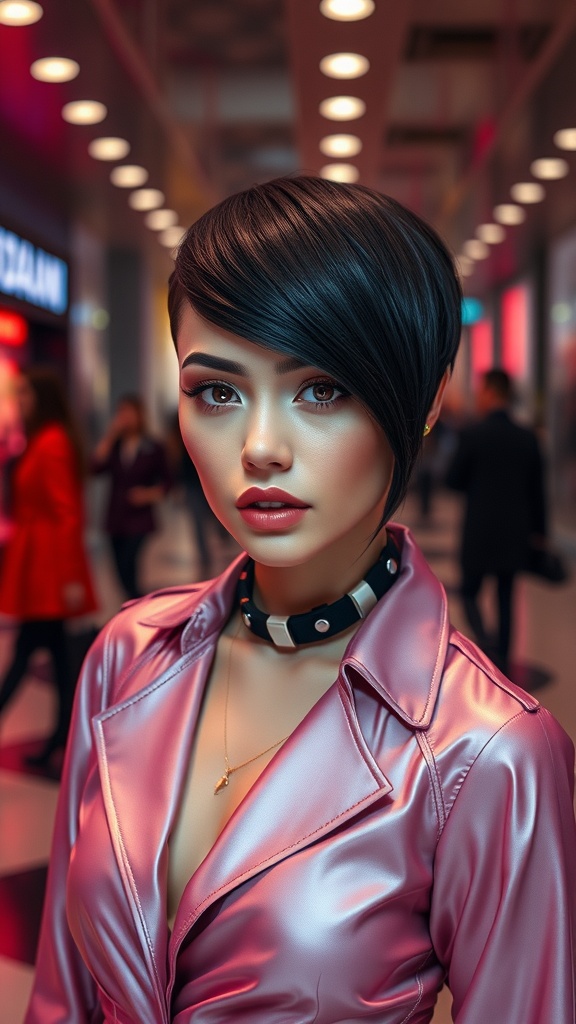 A woman with a stylish dramatic V-cut hairstyle, wearing a chic pink outfit.