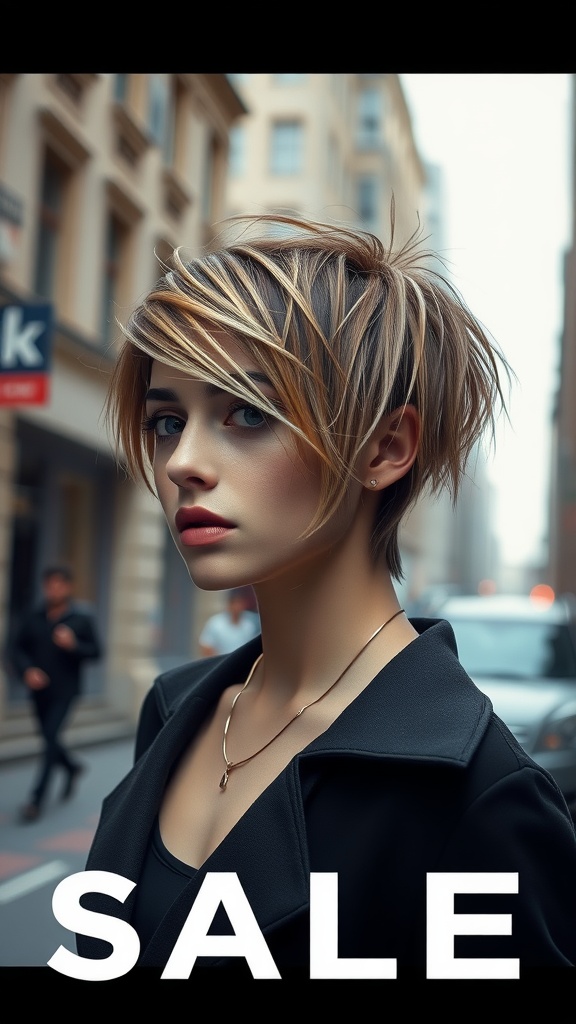 A woman with an edgy asymmetric haircut featuring highlights, dressed in a stylish black coat, standing in an urban setting.