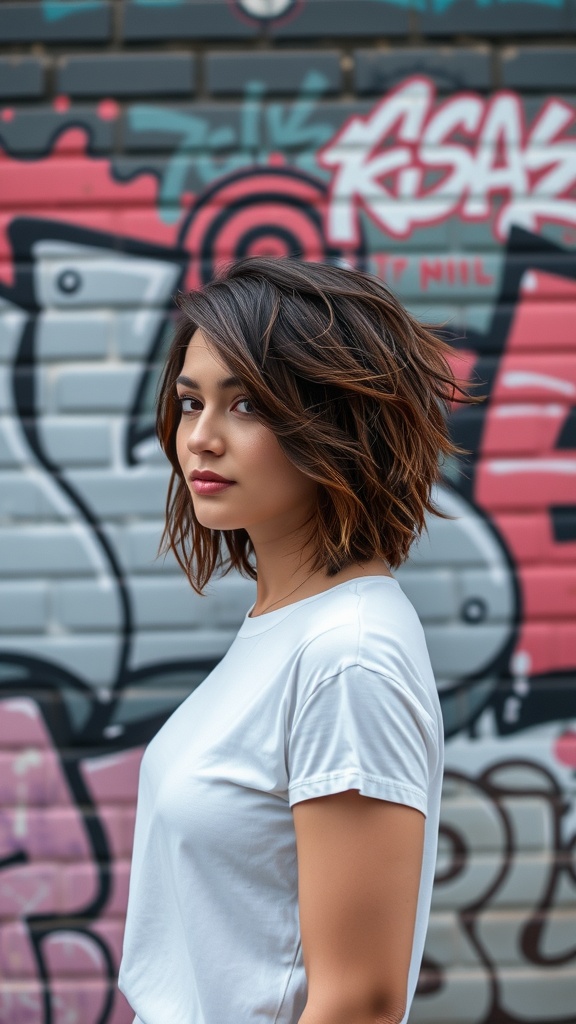 Woman showcasing an edgy blowout hairstyle with textured ends against a colorful graffiti background.