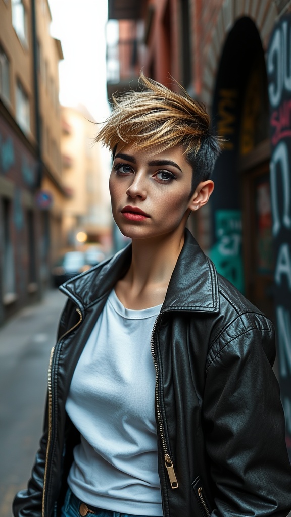 A woman with an edgy pixie cut wearing a leather jacket and a white shirt, standing in an urban setting.