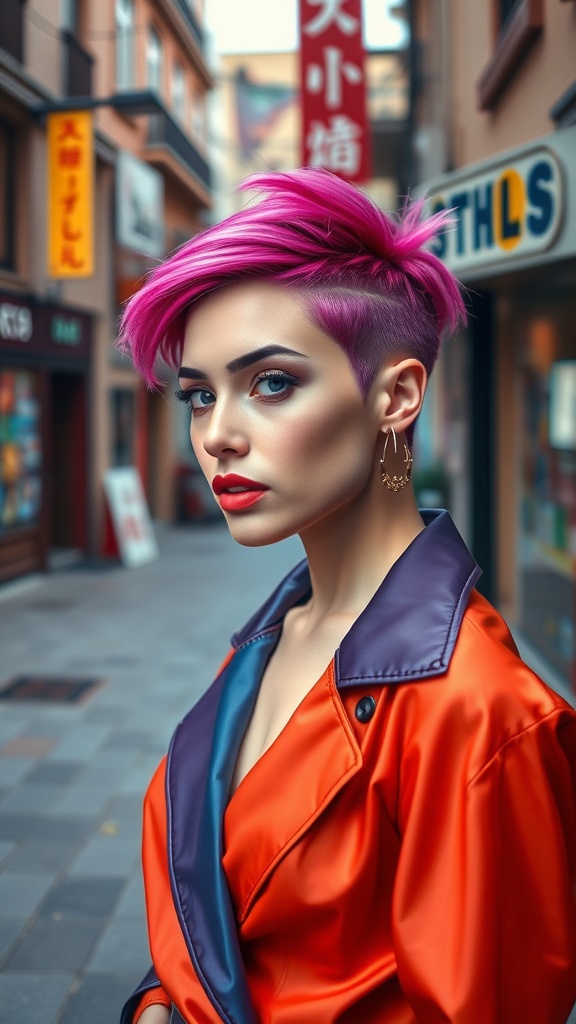 A stylish woman with a pink undercut bob hairstyle, wearing a colorful jacket in an urban setting.