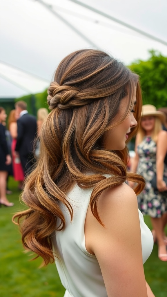 A woman with long, wavy hair styled in a half-up half-down look, showcasing a braided section, set in an outdoor event.