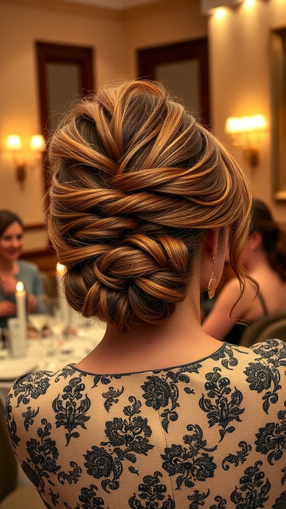 Elegant loose updo hairstyle with volume, featuring intricate braiding and soft waves.