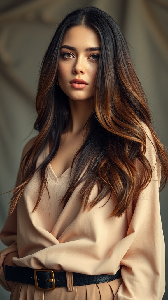A woman with long, loose waves wearing a stylish top and skirt.